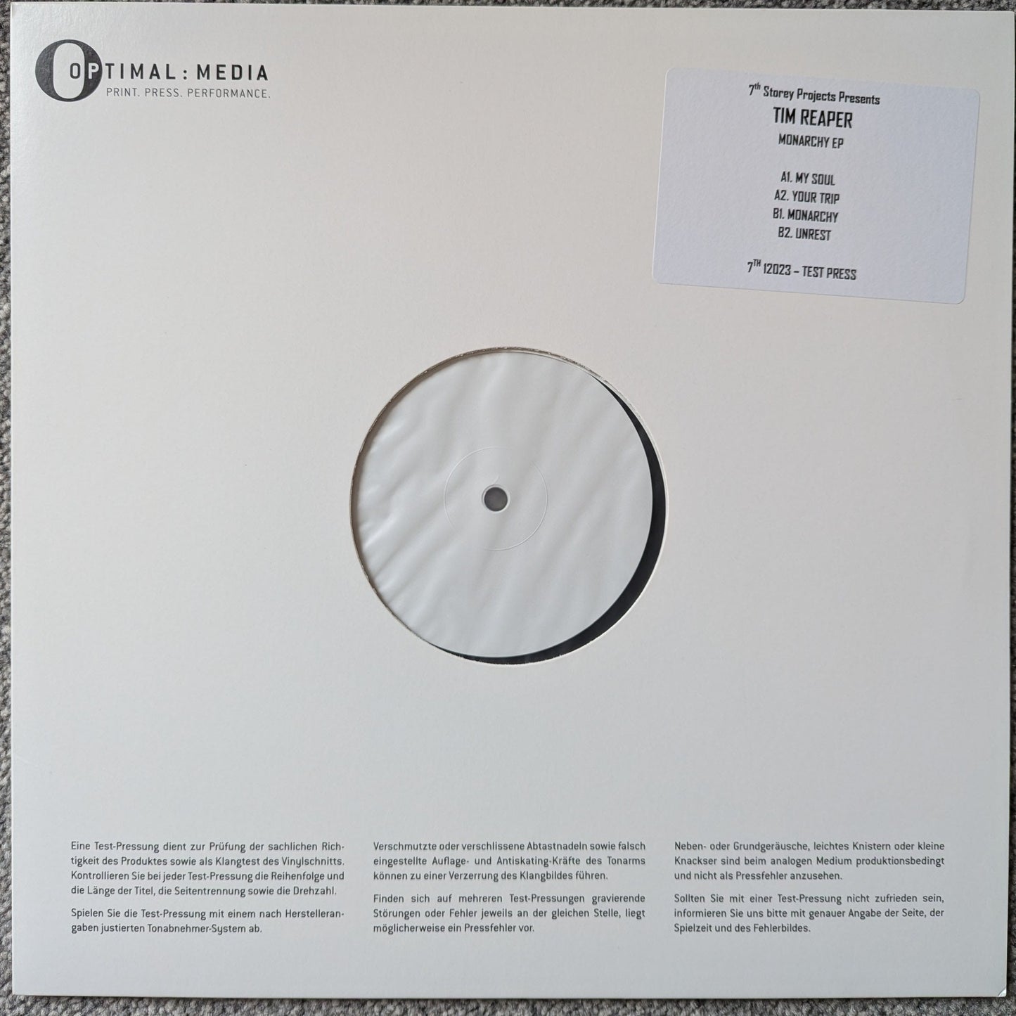 test press copy of Tim Reaper - Monarchy EP - 12" vinyl release on 7th Storey Projects