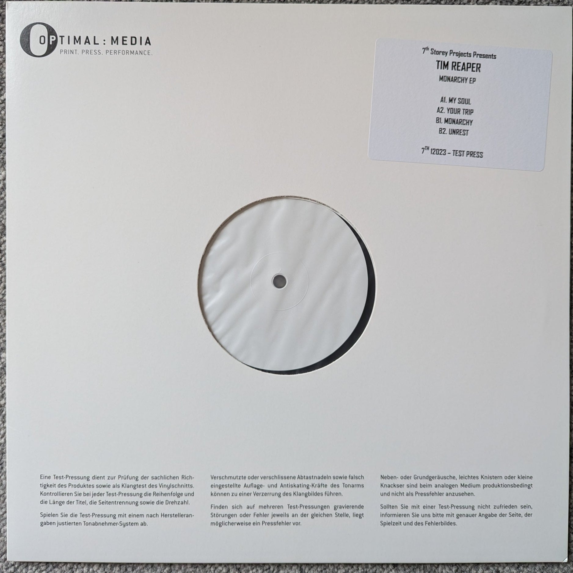 test press copy of Tim Reaper - Monarchy EP - 12" vinyl release on 7th Storey Projects