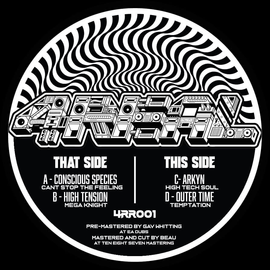 Vinyl record label with text and graphics on a black background