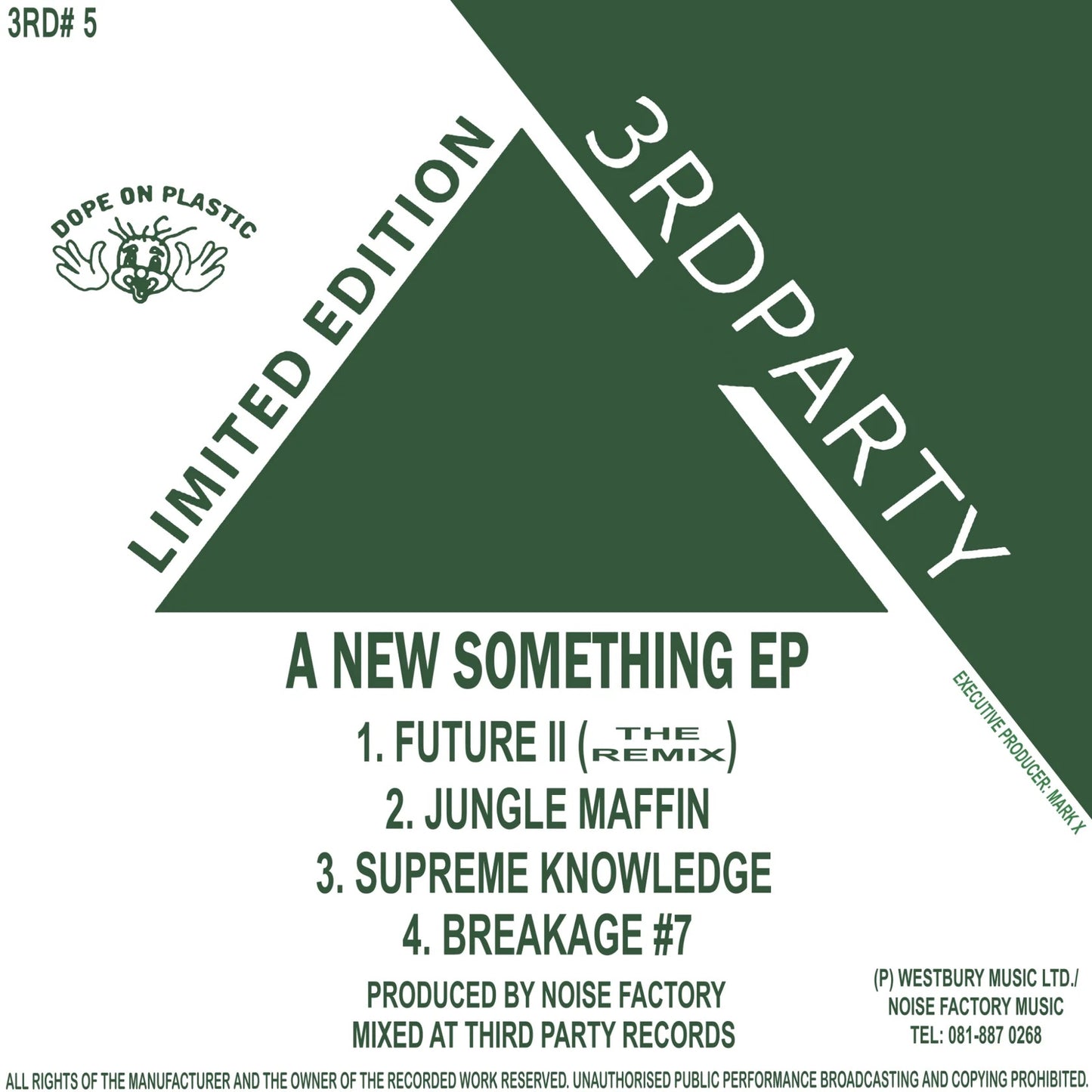 A square album cover design for 'A New Something EP' by Noise Factory Music, featuring a bold green geometric background with white text and tracklist details.