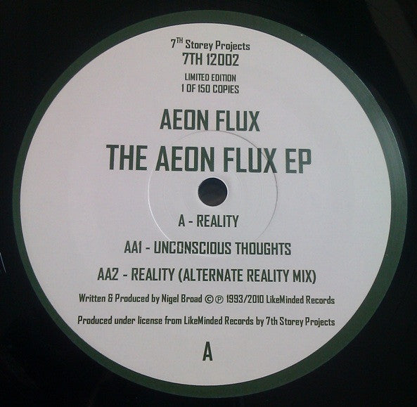 Label Art of Aeon Flux - The Aeon Flux EP, limited edition 12" black vinyl released on 7th Storey Projects