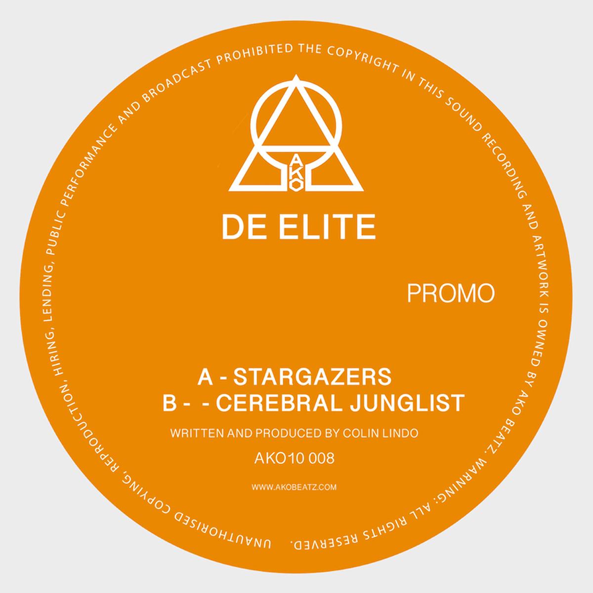 Label Art of De Elite - Stargazers / Cerebral Junglist, 10" orange vinyl released on AKO Beatz