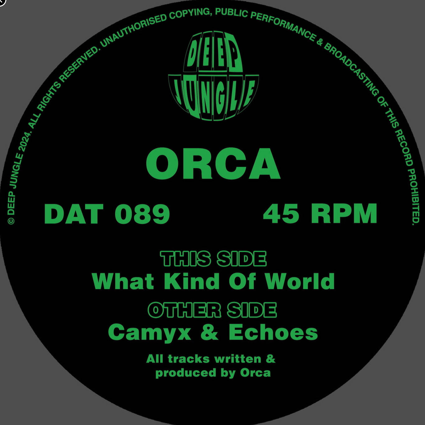 Label art of Orca - What Kind of World, 12-inch black vinyl release on Deep Jungle