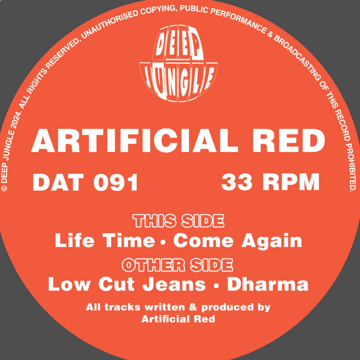 Label art of Artificial Red - Low Cut Jeans EP - 12" vinyl release on Deep Jungle
