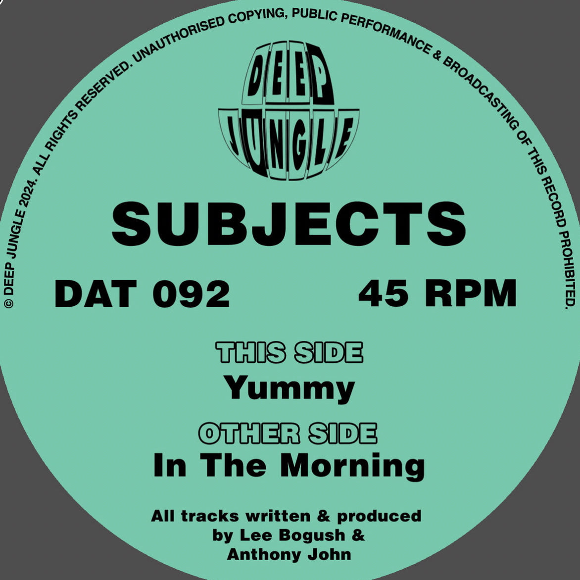 Label art of Subjects - In The Morning - 12" vinyl release on Deep Jungle