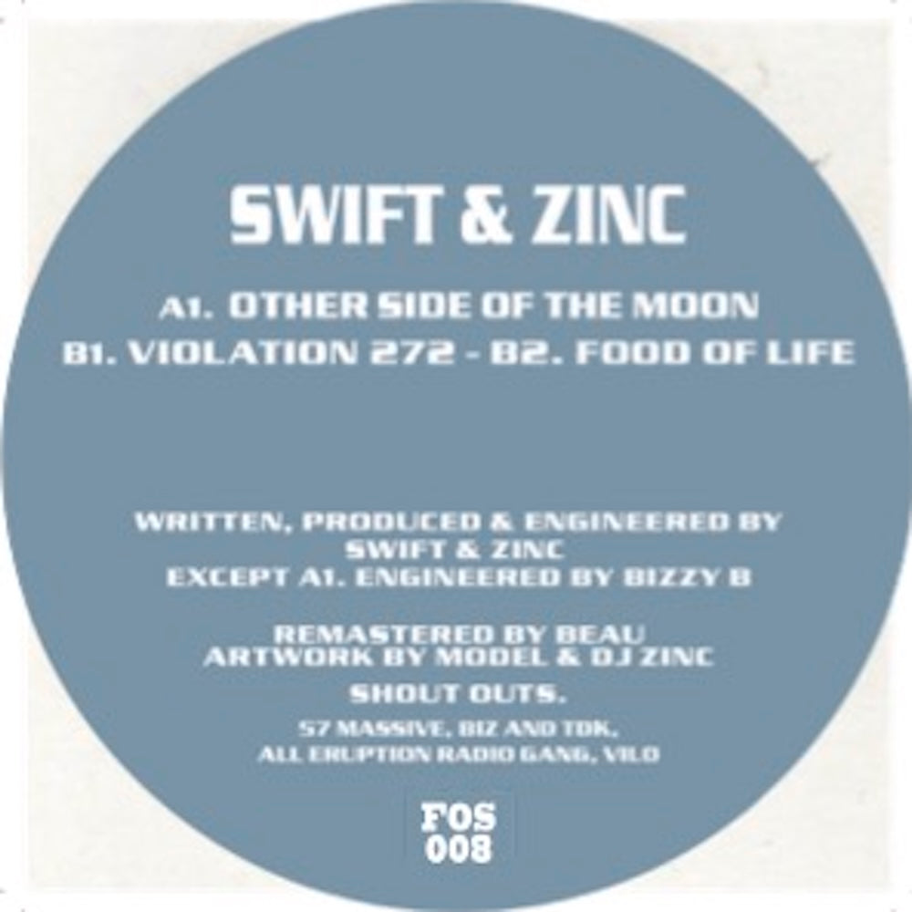 Disc label for 'Swift & Zinc' with tracklist and credits on a blue background