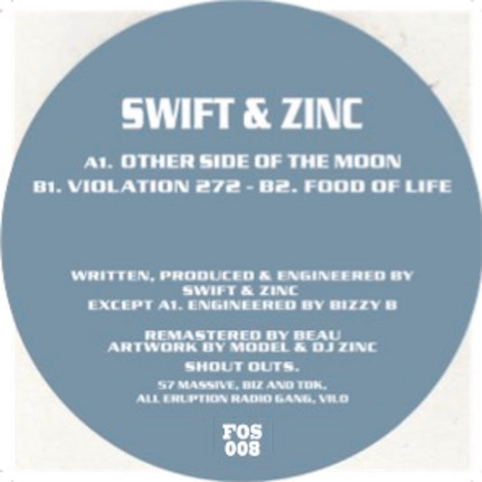 Disc label for 'Swift & Zinc' with tracklist and credits on a blue background