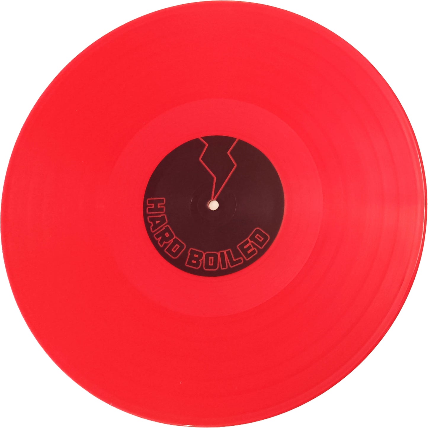 Red vinyl record with 'Hard Boiled' label on a white background