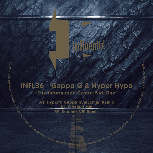 label art of Gappa G & Hyper Hypa - Information Center Part One - 12" vinyl release on Influential Records