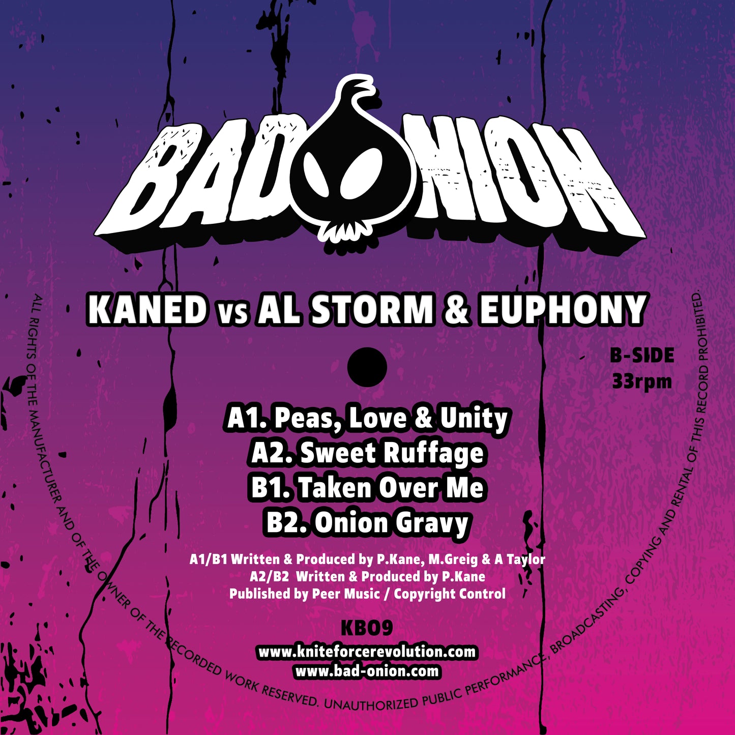 label art of Kaned vs Al Storm And Euphony - Peas, Love & Unity EP, 12" vinyl release on Bad Onion