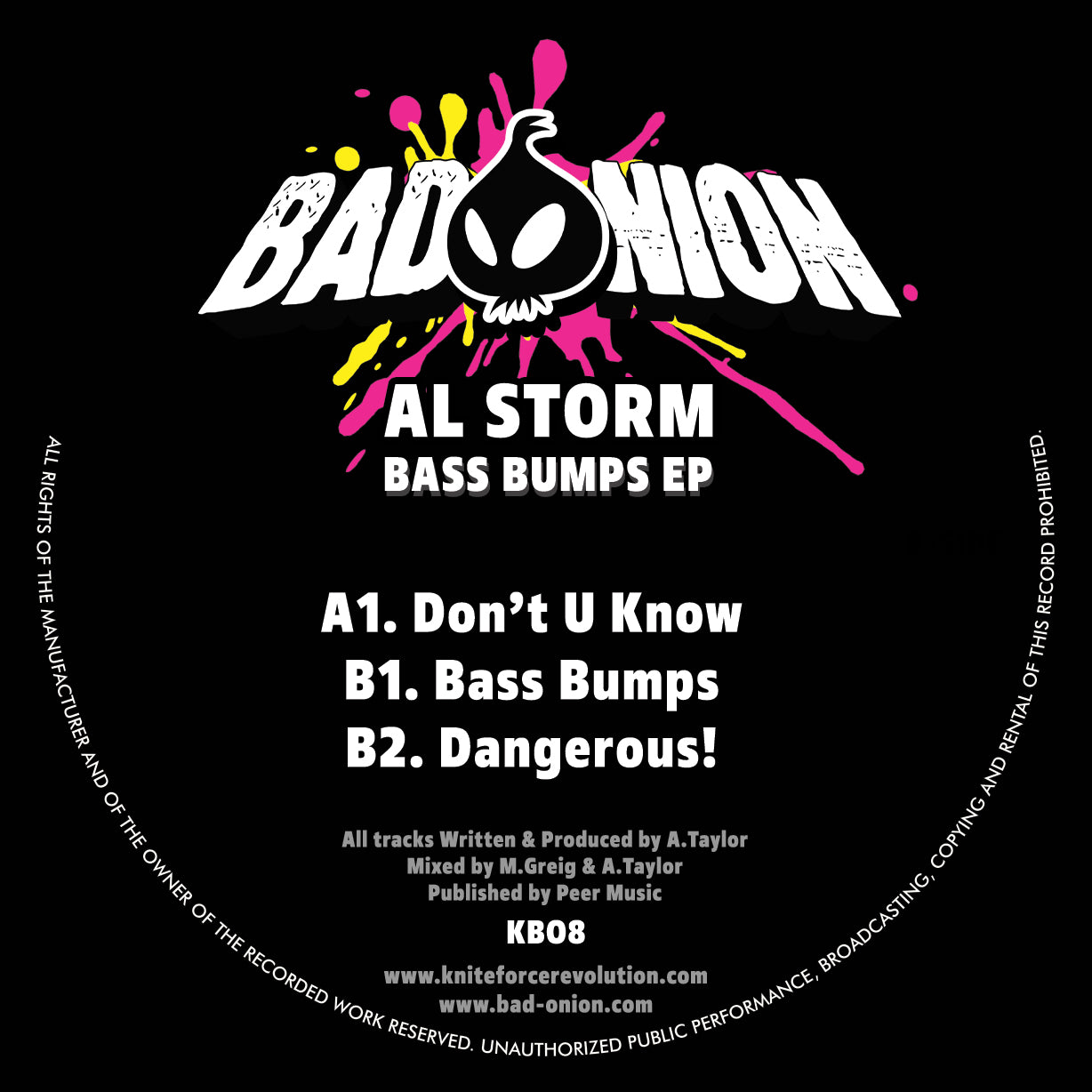 Album cover for 'Bass Bumps EP' by Bad Onion with tracklist on a black background