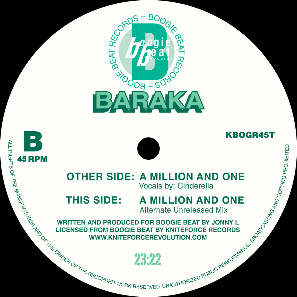 Label art of Baraka - A Million And One EP, 12-inch black vinyl release on Boogie Beat Records