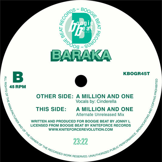 Label art of Baraka - A Million And One EP, 12-inch black vinyl release on Boogie Beat Records