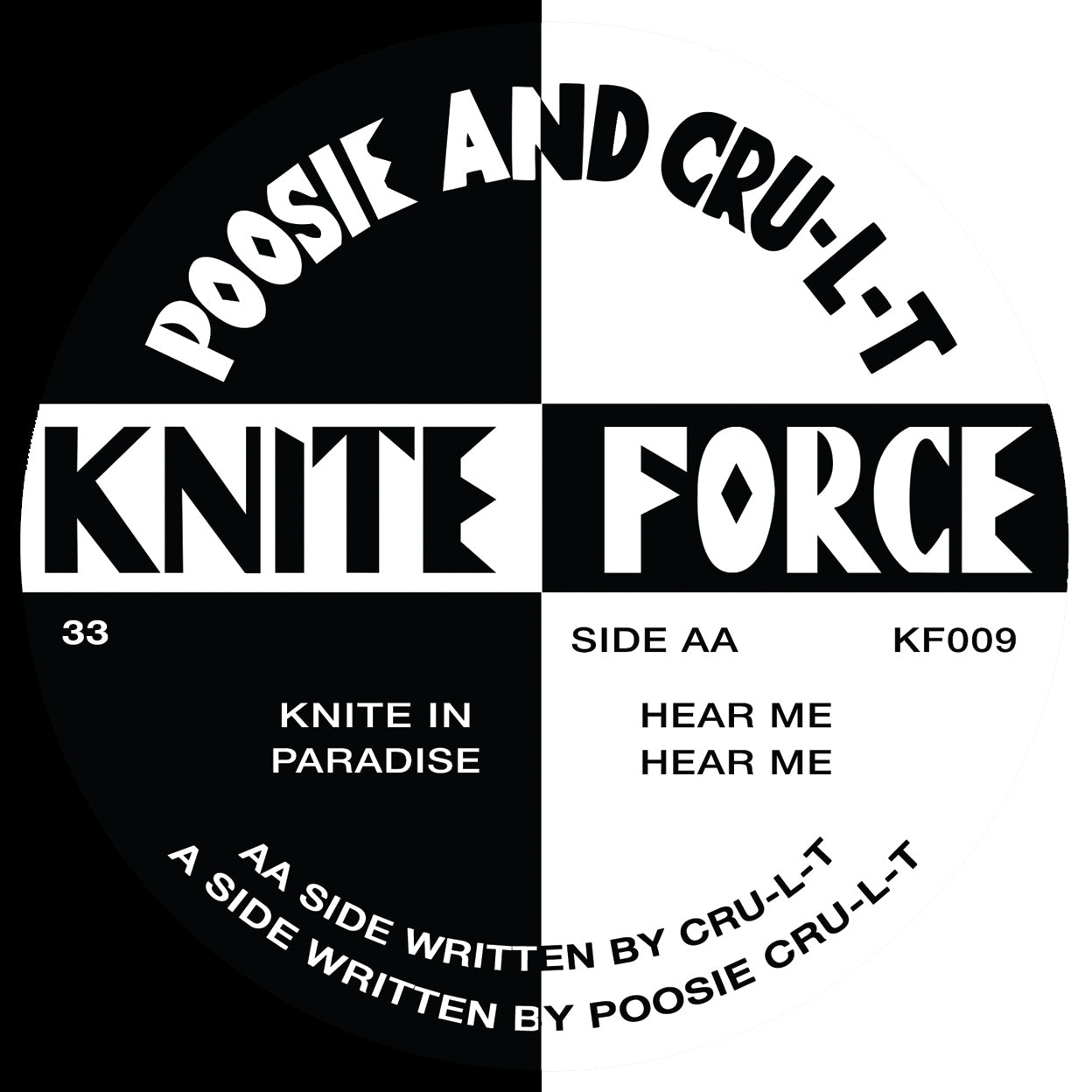 Vinyl record label with text 'Poosie and Cru-L-T' and 'Knite Force' on a black and white background.