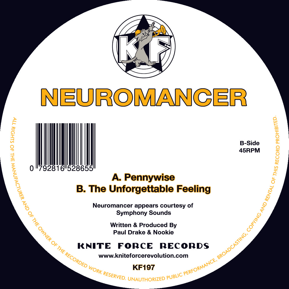 Label Art of Neuromancer – Pennywise / The Unforgettable Feeling, 12-inch black vinyl release on Kniteforce Records