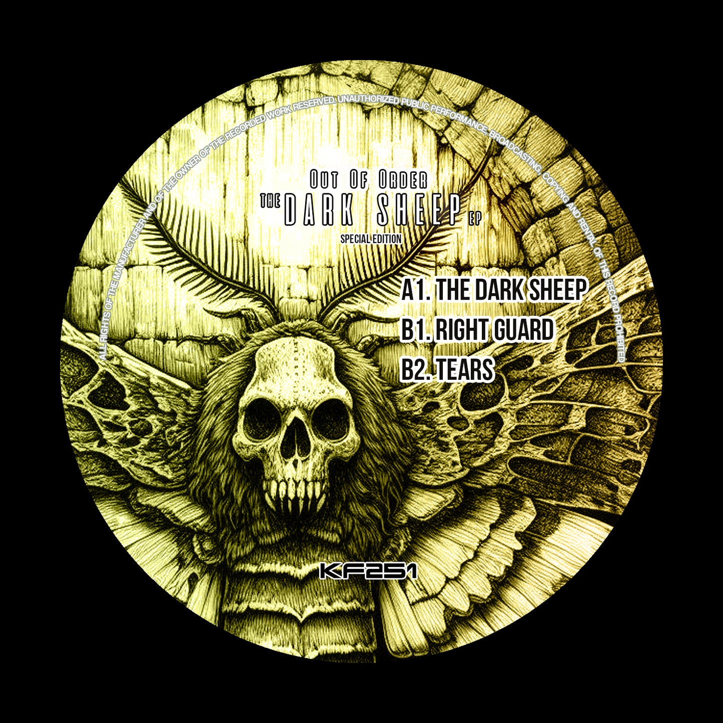 Label art of Out Of Order - The Dark Sheep EP, 12-inch black vinyl release on Kniteforce Records