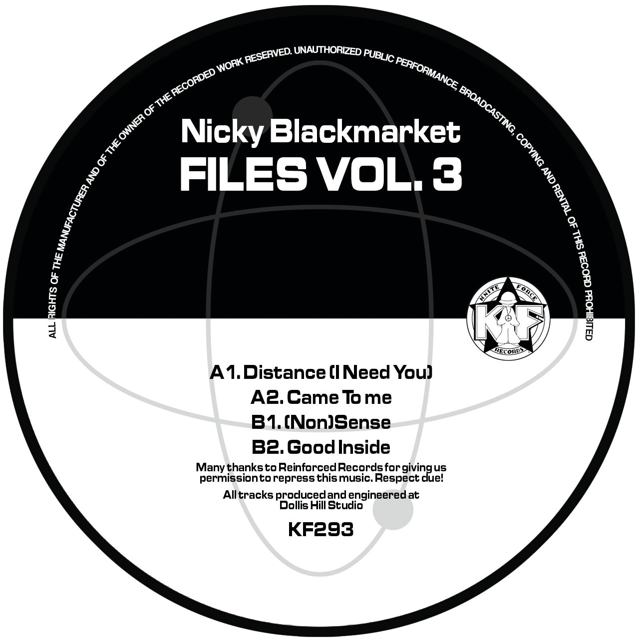 Vinyl record label for 'Nicky Blackmarket Files Vol. 3' with tracklist and branding.