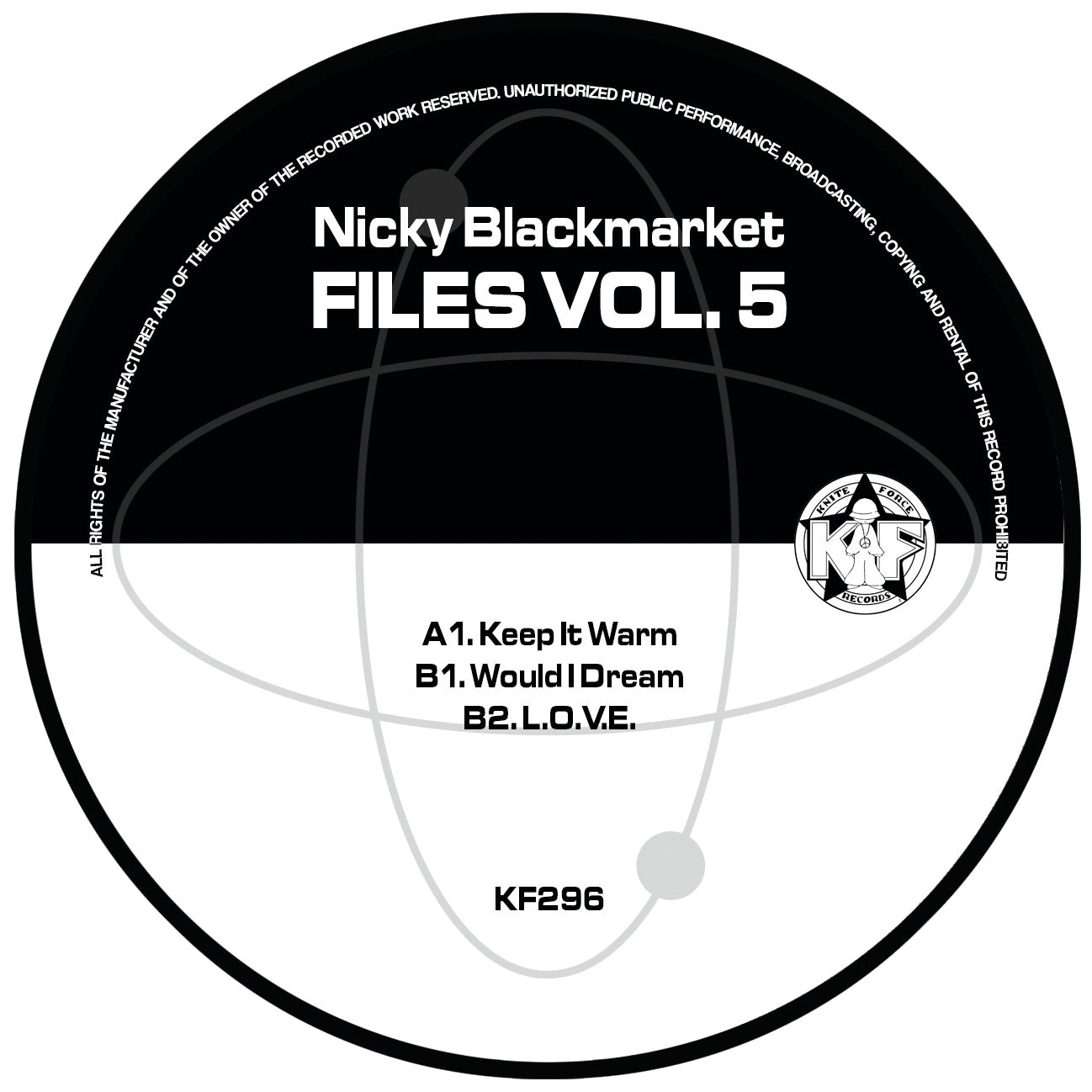 label art of Nicky Blackmarket - Files Volume Five, 12" vinyl release on Kniteforce Records