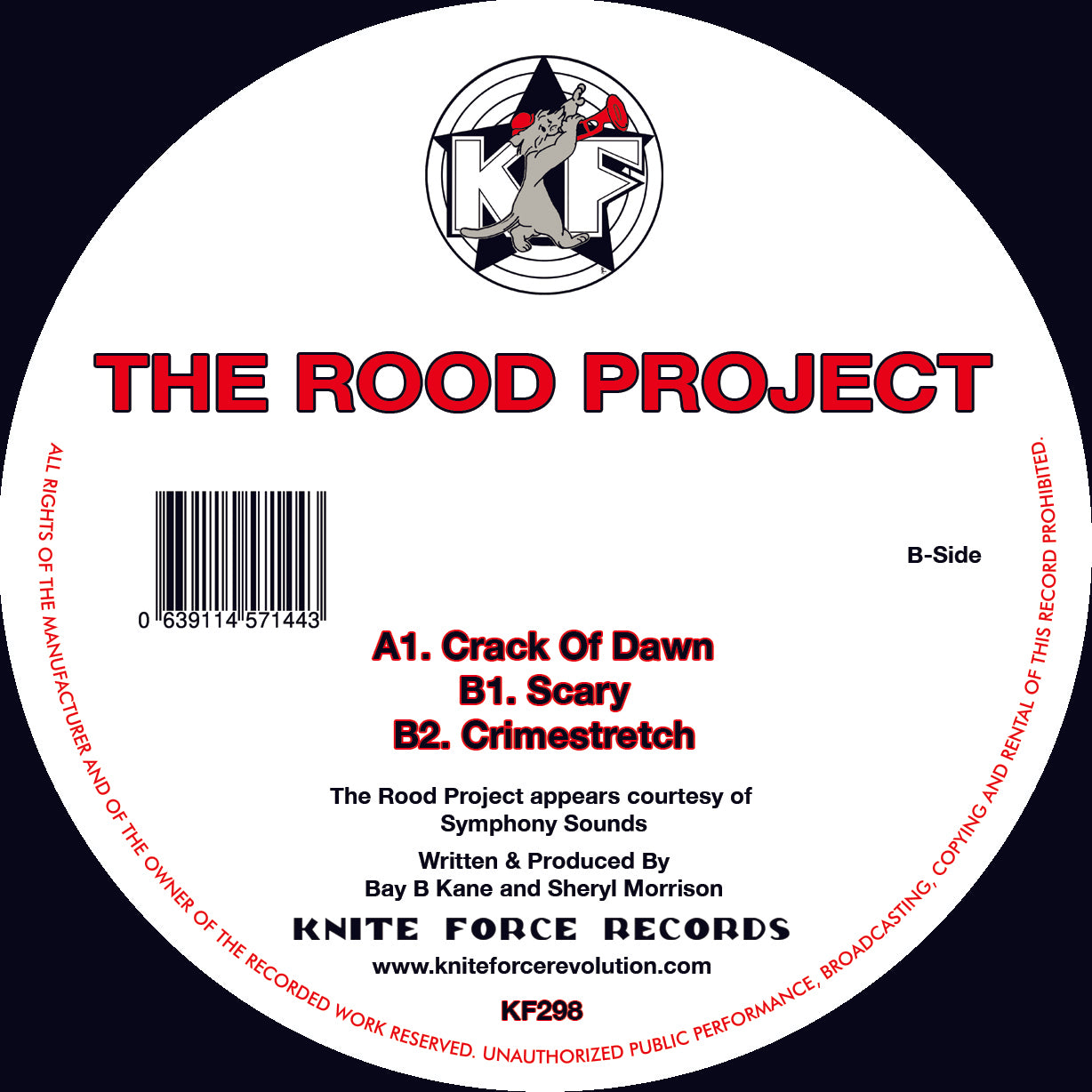 Label art of The Rood Project - Crack Of Dawn, 12-inch black vinyl release on Kniteforce Records
