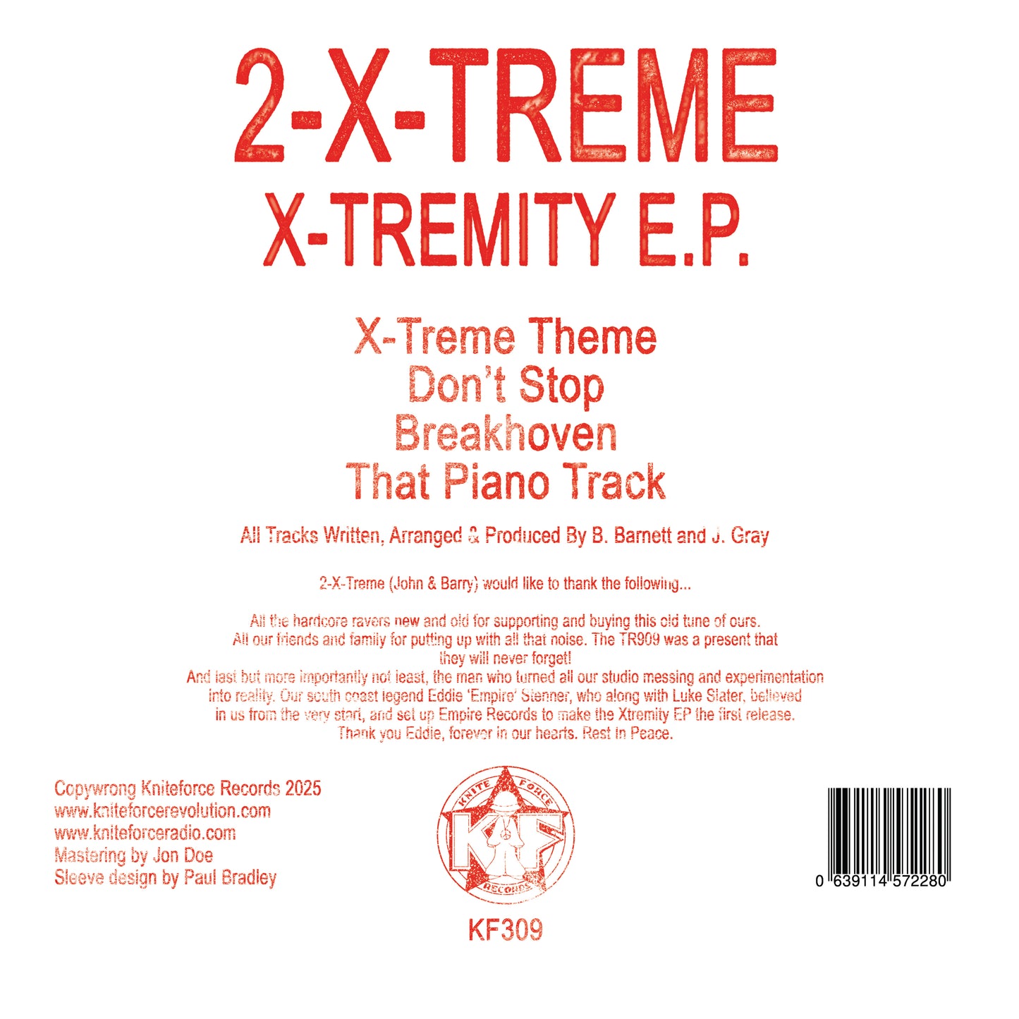 back cover art 2-X-Treme - X-Tremity EP, Limited edition 12" vinyl on Kniteforce Records
