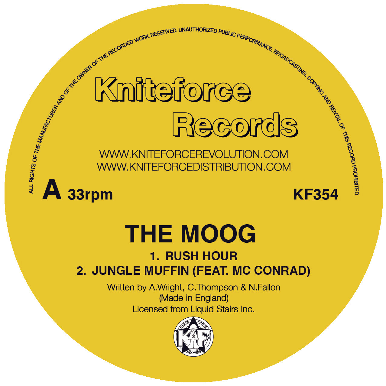 label art of The Moog - Rush Hour EP, vinyl release on Kniteforce Records