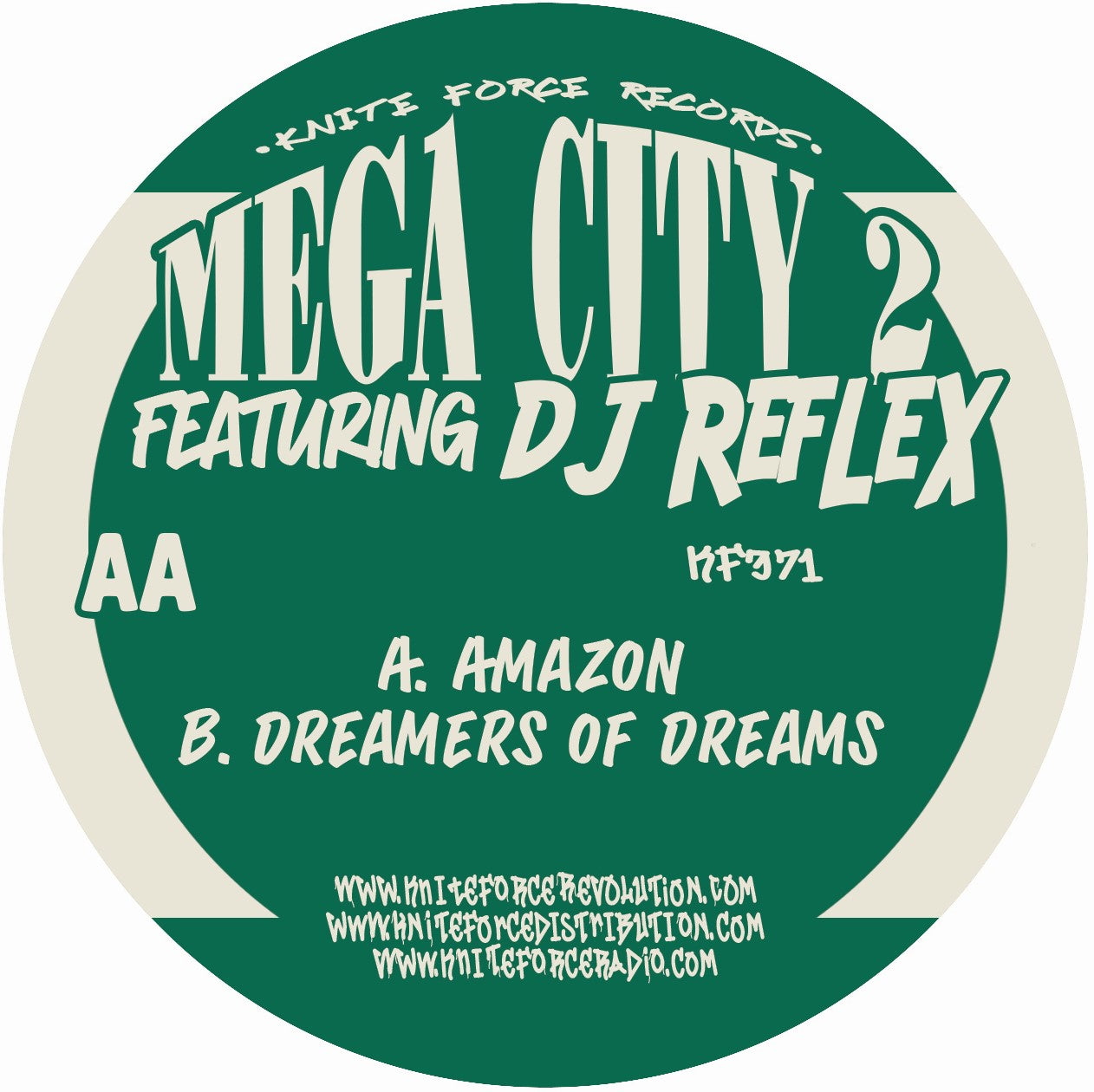 Vinyl record label with text 'Mega City 2 featuring DJ Reflex' on a green background