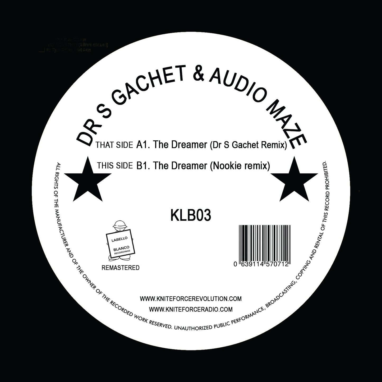 Label art of Dr S Gachet & Audio Maze - The Dreamer Remixes EP, 12-inch black vinyl release on Labello Blanco