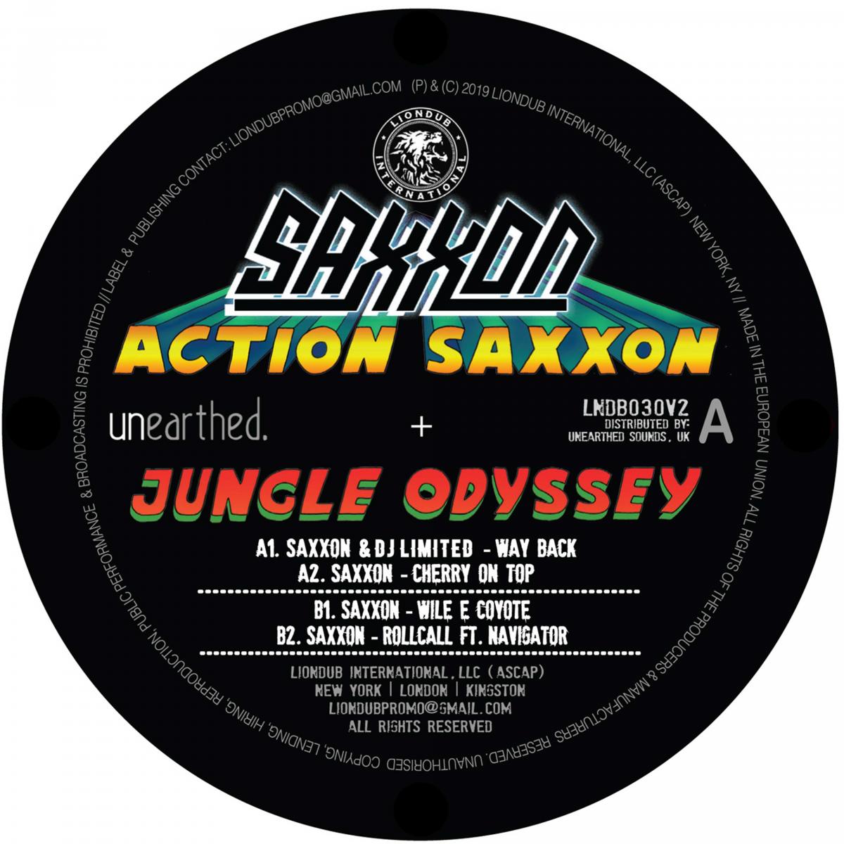 Label Art of Saxxon – Action Saxxon - Jungle Odyssey EP 2, limited edition 12" black vinyl released on LionDub International