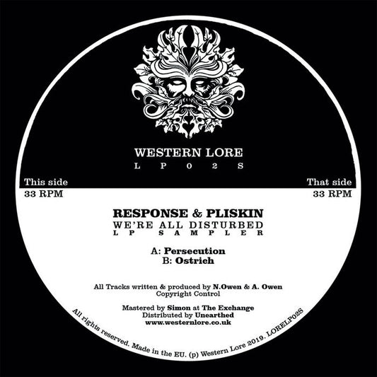 Label Art of Response & Pliskin – We're All Disturbed LP Sampler, limited edition 12" black vinyl released on Western Lore