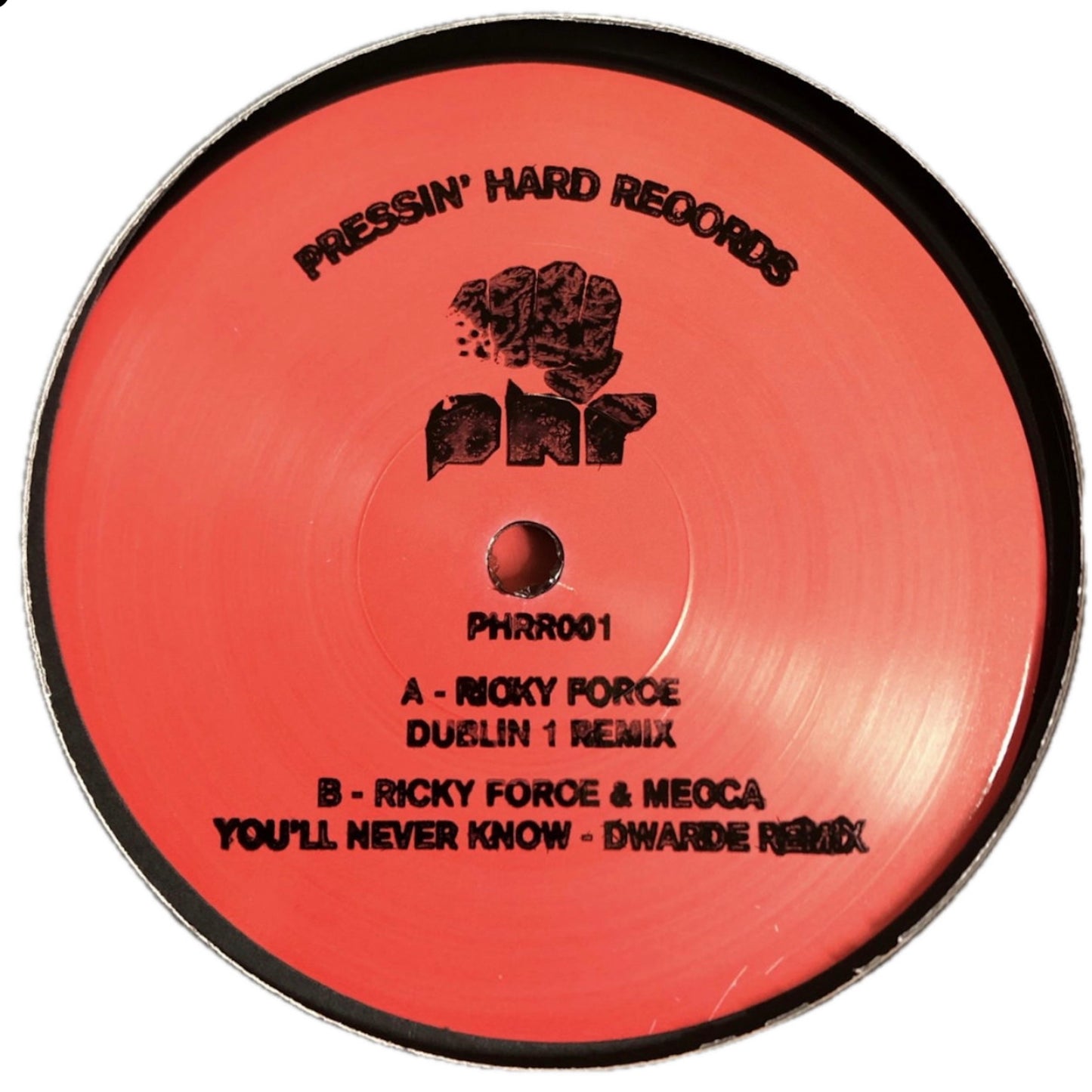 Stamped red record label from Ricky Force - Dublin 1 Remix, 10" Vinyl release on Pressin' Hard Records