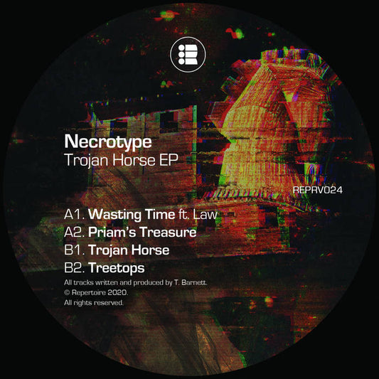 Label Art of Necrotype - Trojan Horse EP, limited edition 12" black vinyl released on Repertoire