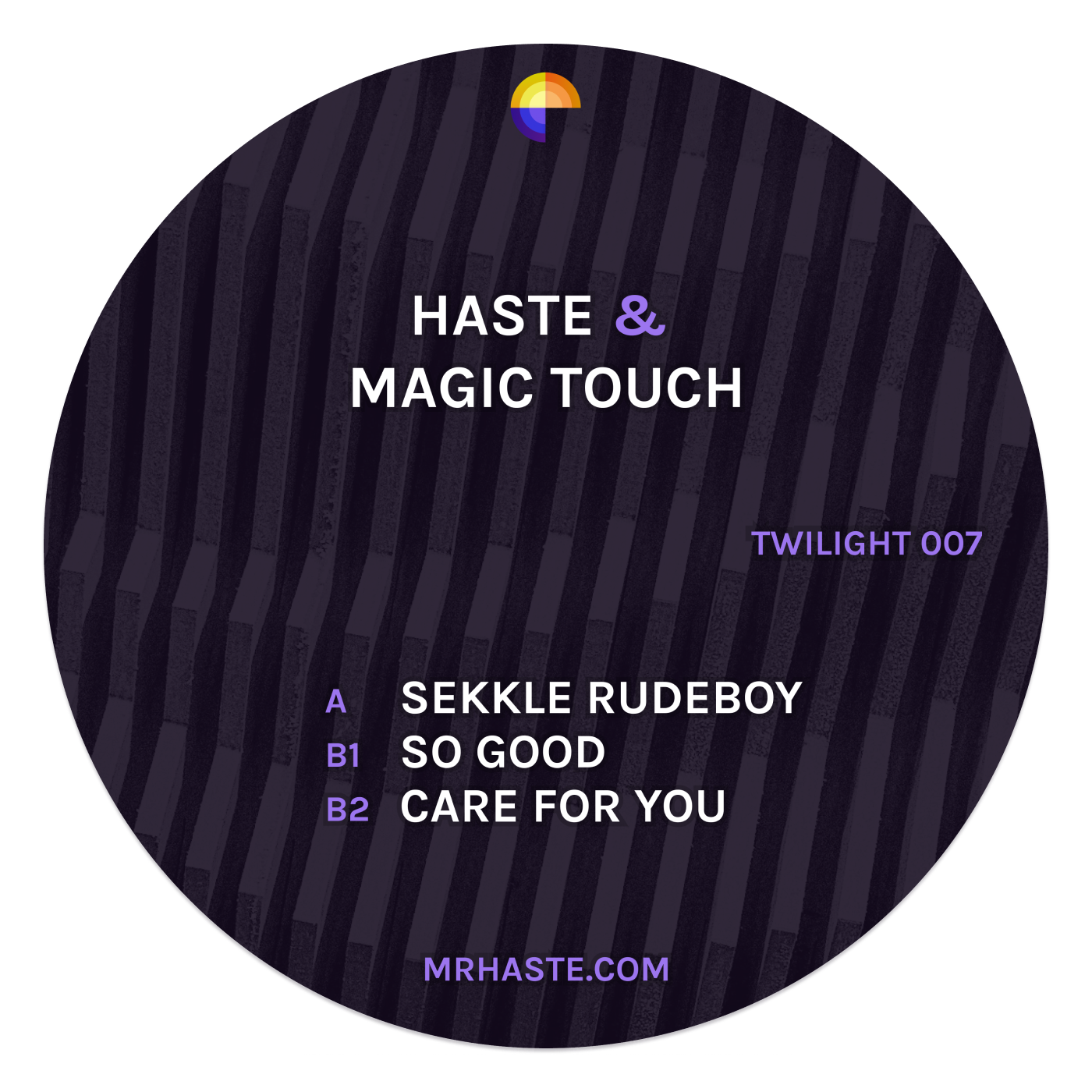 Vinyl record label with text 'HASTE & MAGIC TOUCH' and tracklist on a dark background