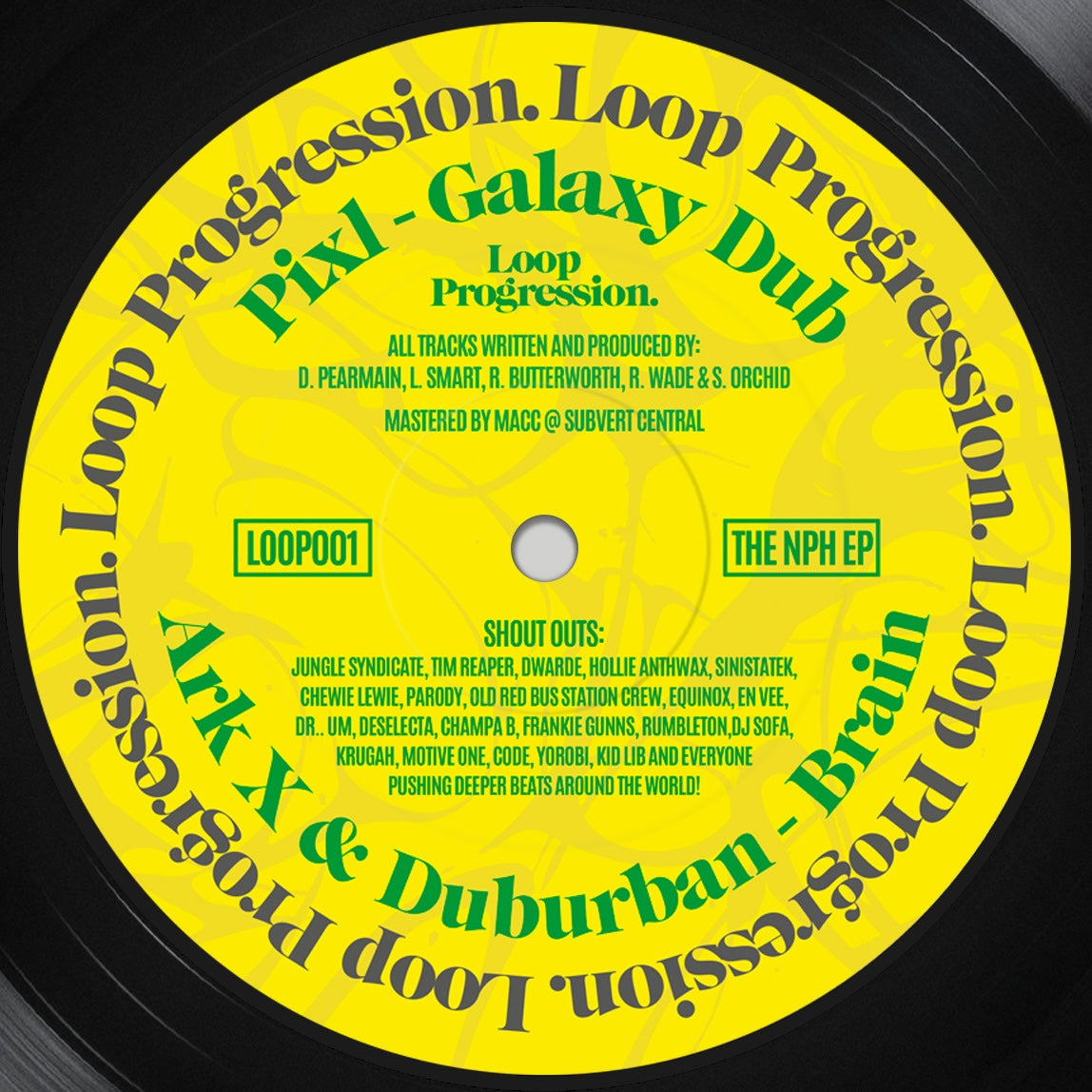 Vinyl record label with yellow background and green text