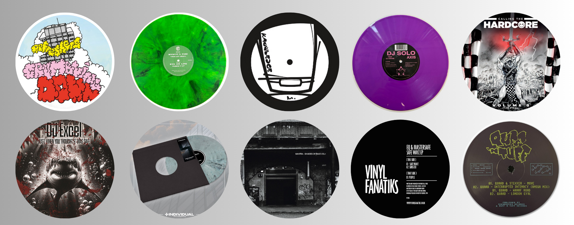 collage of label art and records of new releases available at 7th Storey Projects' webstore, including DJ Solo, Mantra, Refreshers, Calling The Hardcore