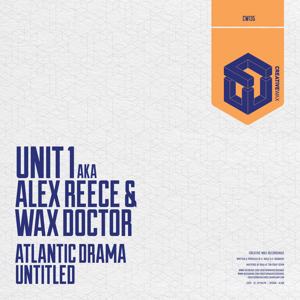 Album cover for 'Atlantic Drama Untitled' by Unit 1 aka Alex Reece & Wax Doctor, featuring a textured off-white background with geometric line patterns, bold navy blue typography, and an orange badge in the top right corner with the Creative Wax Records logo.