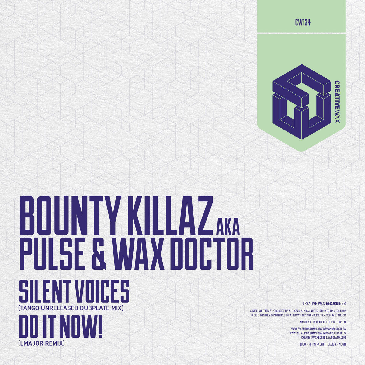 Digital album cover art for 'Silent Voices' by Bounty Killaz aka Pulse & Wax Doctor, featuring a white background with a subtle geometric pattern, bold dark purple text, and a light green Creative WAV Records logo badge in the top right corner.