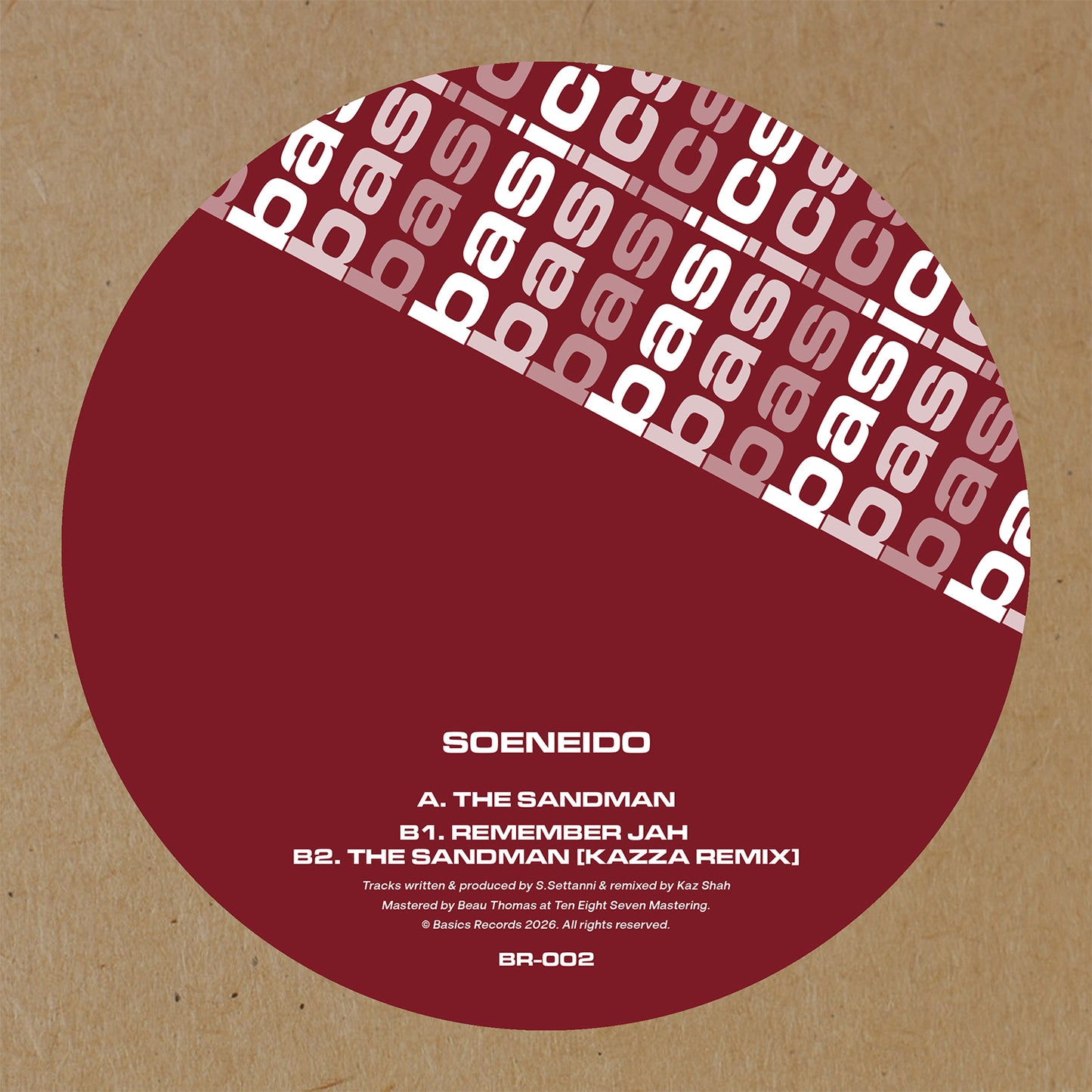 Vinyl record sleeve with red center and patterned top on a brown background