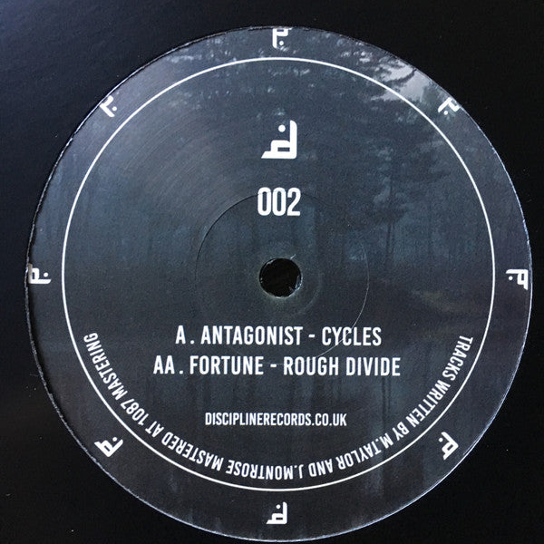 Label Art of Antagonist / Fortune – Cycles / Rough Divide, limited edition 12" black vinyl released on Discipline Records