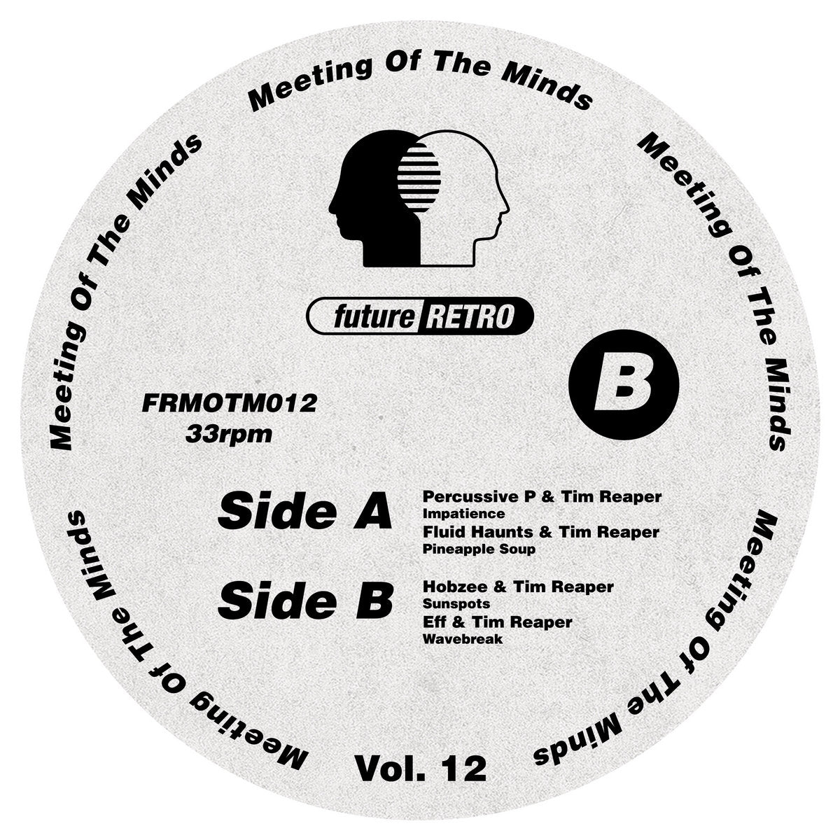 Disc label for 'Meeting of the Minds' album with text and logo