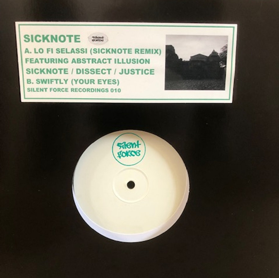 cover of Sicknote feat Abstract Illusion / Sicknote, Dissect & Justice - Lo Fi Selassi (Sicknote Remix) / Swiftly - 12" vinyl release on Silent Force Recordings
