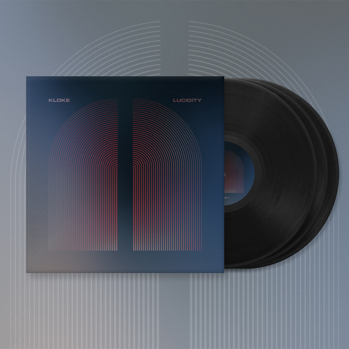 Vinyl record with a blue cover featuring red lines on a gray background