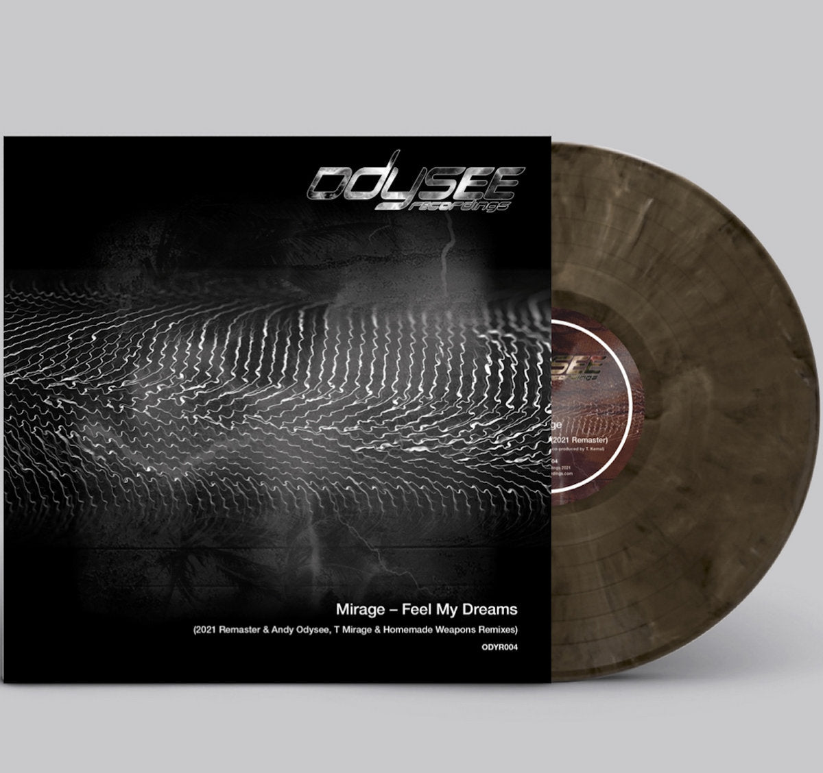Vinyl record with a black and white patterned cover on a gray background
