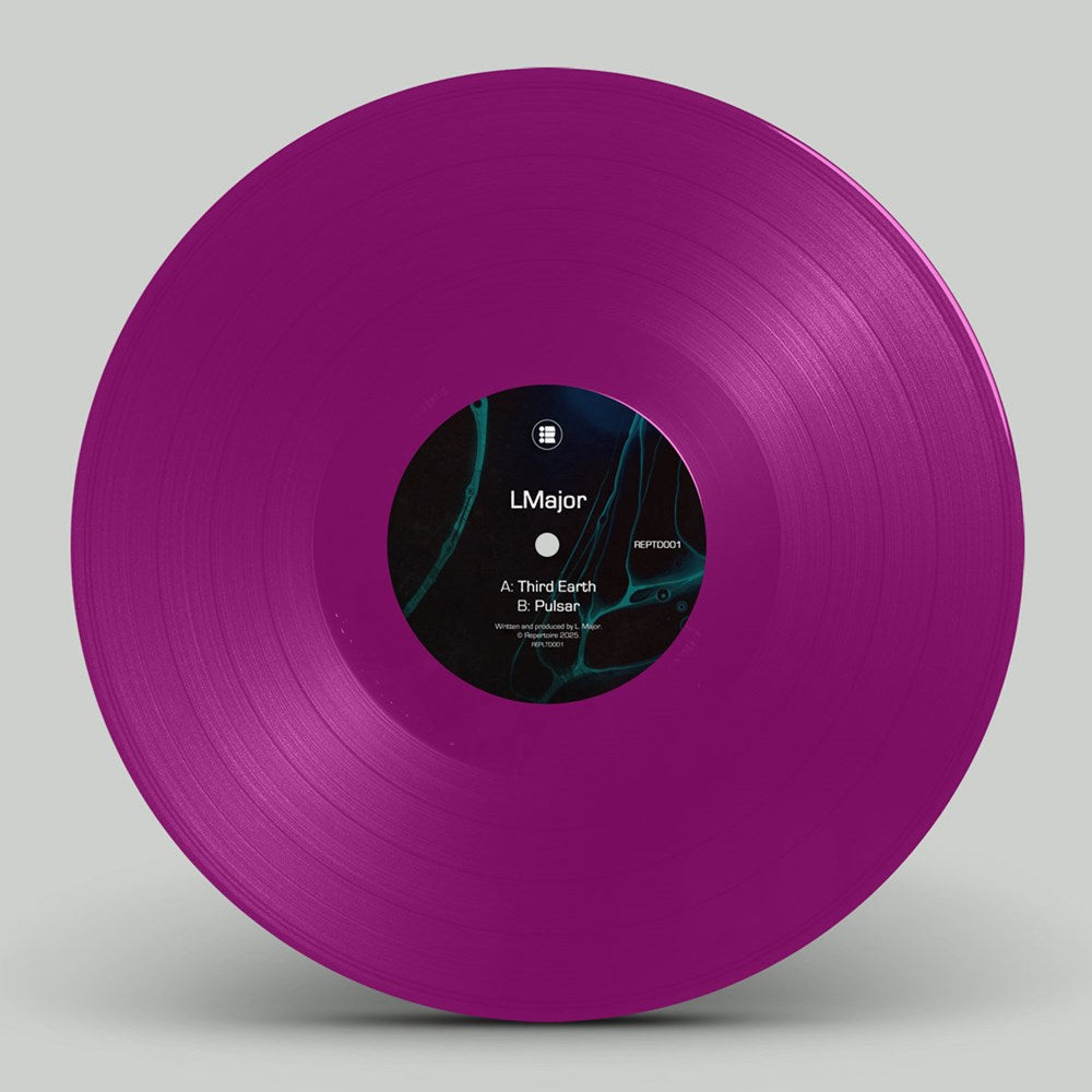 Purple vinyl record with a label on a gray background