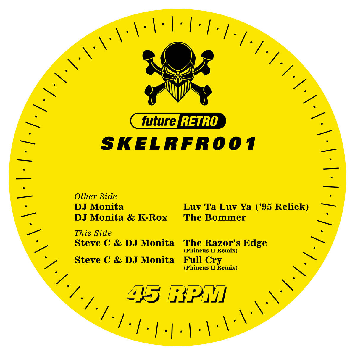 label art of DJ Monita - SKELRFR001 - 12" vinyl release on Future Retro London and Skeleton Recordings