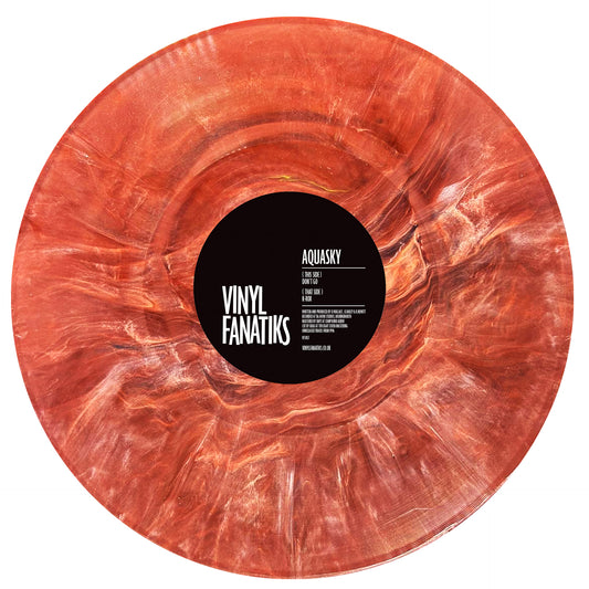 Vinyl record with a red and white marbled design and 'Vinyl Fanatiks' label.