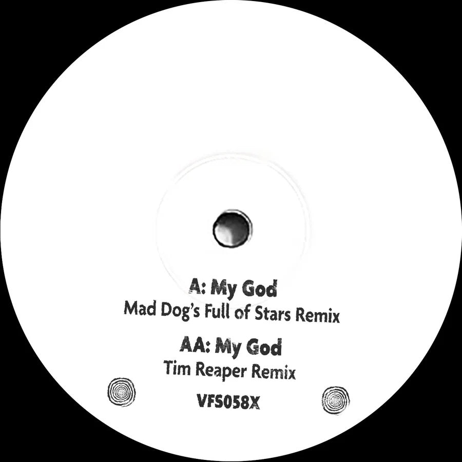 Vinyl record label with remix information on a black background