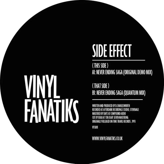 label art of Side Effect - Never Ending Saga - 12" vinyl release on Vinyl Fanatiks