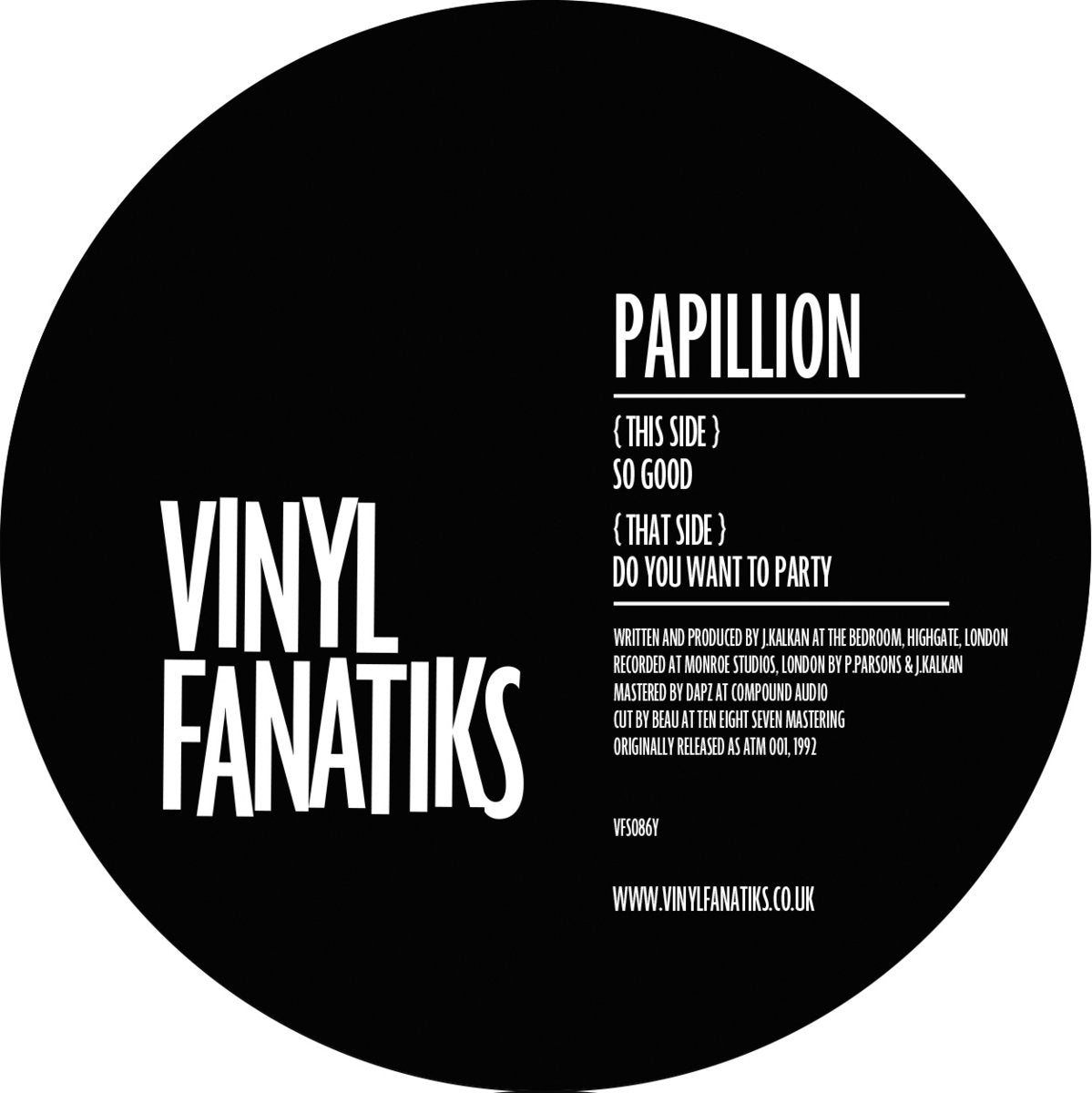 Vinyl record label with text 'Papillion' and 'Vinyl Fanatiks' on a black background