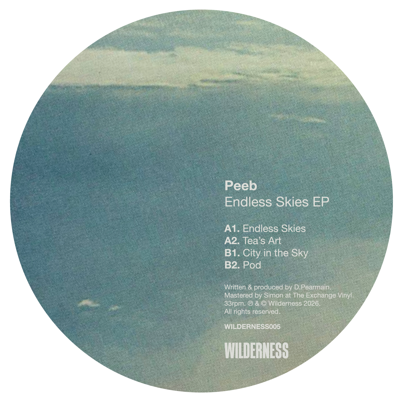 label art of Peeb - Endless Skies EP, 12" vinyl release on Wilderness