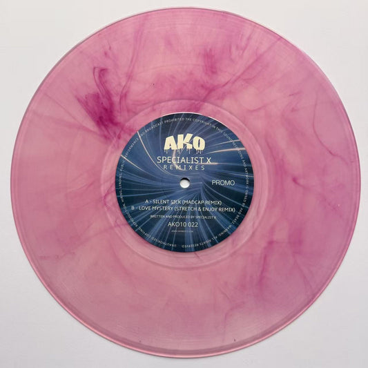 Pink AKO Beatz vinyl record with a blue label on a white background